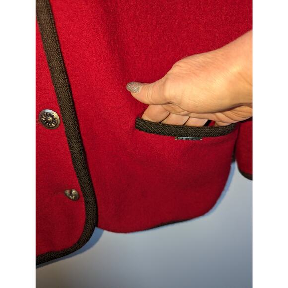 Vintage Geiger Red Boiled Wool Cardigan Shacket Heart Button Embroidered Size 36 - Picture 6 of 11